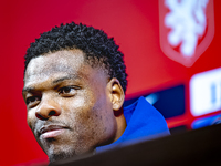 Netherlands defender Denzel Dumfries attends a press conference at the Puskas Arena for the UEFA Nations League season 2024-2025 in Budapest...