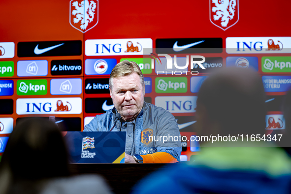 Netherlands trainer Ronald Koeman speaks during the press conference at the Puskas Arena for the UEFA Nations League season 2024-2025 in Bud...