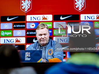 Netherlands trainer Ronald Koeman speaks during the press conference at the Puskas Arena for the UEFA Nations League season 2024-2025 in Bud...