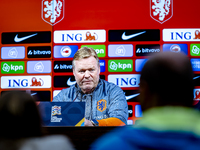 Netherlands trainer Ronald Koeman speaks during the press conference at the Puskas Arena for the UEFA Nations League season 2024-2025 in Bud...