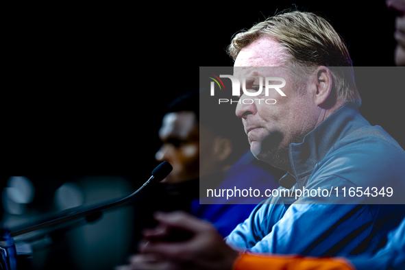 Netherlands trainer Ronald Koeman speaks during the press conference at the Puskas Arena for the UEFA Nations League season 2024-2025 in Bud...