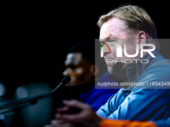 Netherlands trainer Ronald Koeman speaks during the press conference at the Puskas Arena for the UEFA Nations League season 2024-2025 in Bud...