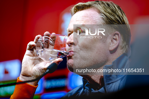 Netherlands trainer Ronald Koeman speaks during the press conference at the Puskas Arena for the UEFA Nations League season 2024-2025 in Bud...