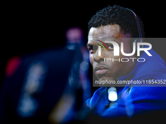 Netherlands defender Denzel Dumfries attends a press conference at the Puskas Arena for the UEFA Nations League season 2024-2025 in Budapest...