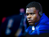 Netherlands defender Denzel Dumfries attends a press conference at the Puskas Arena for the UEFA Nations League season 2024-2025 in Budapest...