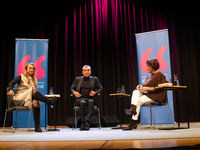 Jagoda Marinic, a German novelist, Michel Friedman, a German author, and Ferdos Forudastan, a German journalist, are on the stage during the...