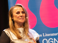 Jagoda Marinic, a German novelist, appears on the stage during the lit.cologne 2024 special edition, the international literature festival i...