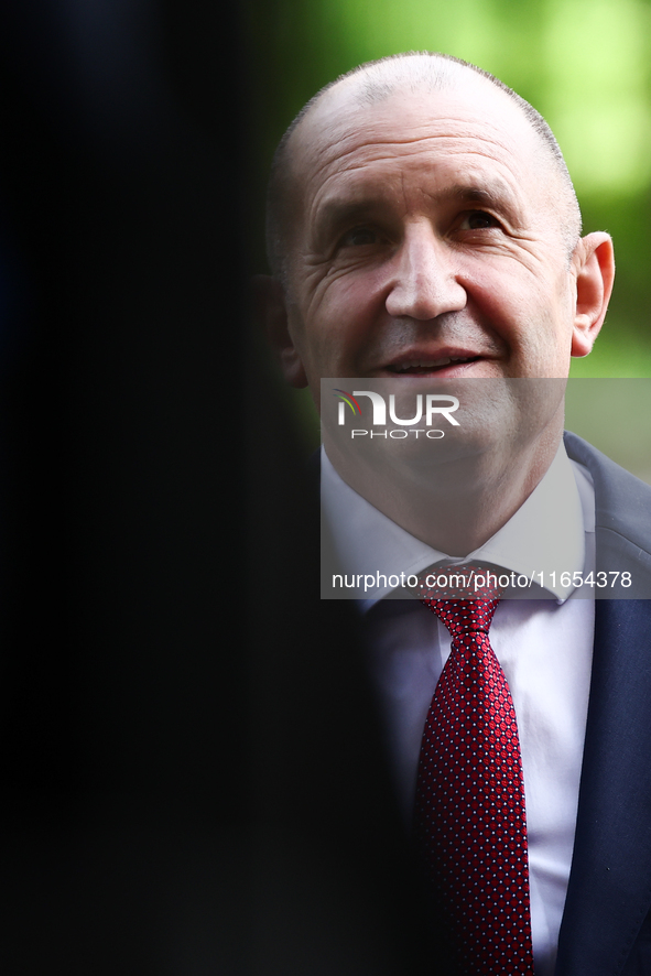 President Of Bulgaria Rumen Radev attends the opening of the exhibition at Jagiellonian Library in Krakow, Poland on October 10, 2024. 