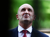 President Of Bulgaria Rumen Radev attends the opening of the exhibition at Jagiellonian Library in Krakow, Poland on October 10, 2024. (