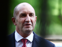 President Of Bulgaria Rumen Radev attends the opening of the exhibition at Jagiellonian Library in Krakow, Poland on October 10, 2024. (