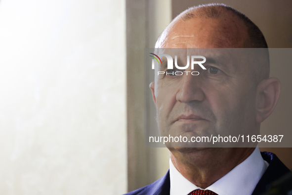 President Of Bulgaria Rumen Radev attends the opening of the exhibition at Jagiellonian Library in Krakow, Poland on October 10, 2024. 