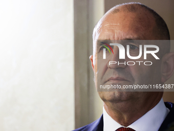 President Of Bulgaria Rumen Radev attends the opening of the exhibition at Jagiellonian Library in Krakow, Poland on October 10, 2024. (