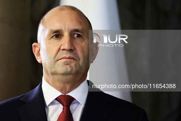 President Of Bulgaria Rumen Radev attends the opening of the exhibition at Jagiellonian Library in Krakow, Poland on October 10, 2024. 