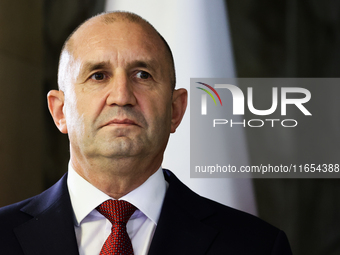 President Of Bulgaria Rumen Radev attends the opening of the exhibition at Jagiellonian Library in Krakow, Poland on October 10, 2024. (