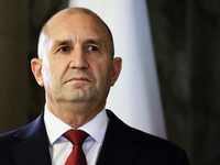 President Of Bulgaria Rumen Radev attends the opening of the exhibition at Jagiellonian Library in Krakow, Poland on October 10, 2024. (