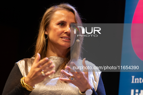 Jagoda Marinic, a German novelist, appears on the stage during the lit.cologne 2024 special edition, the international literature festival i...