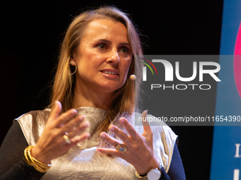 Jagoda Marinic, a German novelist, appears on the stage during the lit.cologne 2024 special edition, the international literature festival i...