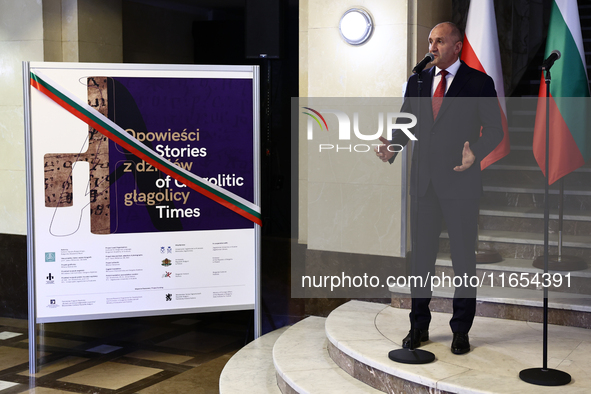 President Of Bulgaria Rumen Radev attends the opening of the exhibition at Jagiellonian Library in Krakow, Poland on October 10, 2024. 