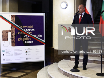 President Of Bulgaria Rumen Radev attends the opening of the exhibition at Jagiellonian Library in Krakow, Poland on October 10, 2024. (