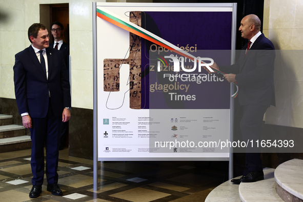 President Of Bulgaria Rumen Radev and Jagiellonian University Rector Piotr Jedynak attend the opening of the exhibition at Jagiellonian Libr...