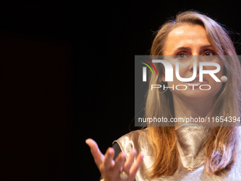 Jagoda Marinic, a German novelist, appears on the stage during the lit.cologne 2024 special edition, the international literature festival i...