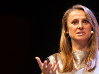 Jagoda Marinic, a German novelist, appears on the stage during the lit.cologne 2024 special edition, the international literature festival i...