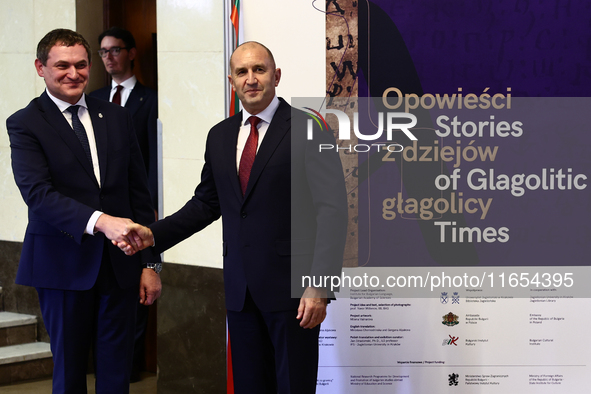 President Of Bulgaria Rumen Radev and Jagiellonian University Rector Piotr Jedynak attend the opening of the exhibition at Jagiellonian Libr...