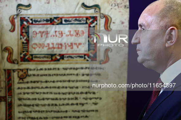 President Of Bulgaria Rumen Radev attends the opening of the exhibition at Jagiellonian Library in Krakow, Poland on October 10, 2024. 