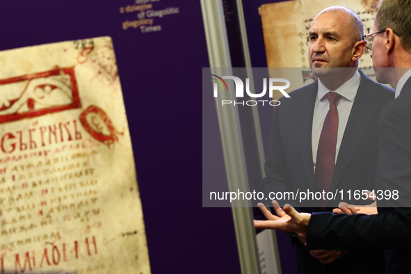 President Of Bulgaria Rumen Radev attends the opening of the exhibition at Jagiellonian Library in Krakow, Poland on October 10, 2024. 