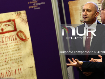 President Of Bulgaria Rumen Radev attends the opening of the exhibition at Jagiellonian Library in Krakow, Poland on October 10, 2024. (