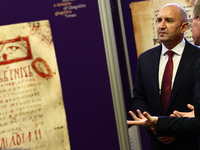 President Of Bulgaria Rumen Radev attends the opening of the exhibition at Jagiellonian Library in Krakow, Poland on October 10, 2024. (