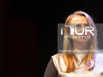 Jagoda Marinic, a German novelist, appears on the stage during the lit.cologne 2024 special edition, the international literature festival i...