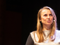 Jagoda Marinic, a German novelist, appears on the stage during the lit.cologne 2024 special edition, the international literature festival i...