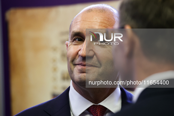 President Of Bulgaria Rumen Radev attends the opening of the exhibition at Jagiellonian Library in Krakow, Poland on October 10, 2024. 