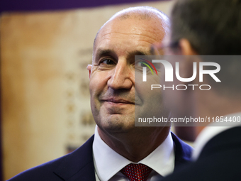 President Of Bulgaria Rumen Radev attends the opening of the exhibition at Jagiellonian Library in Krakow, Poland on October 10, 2024. (