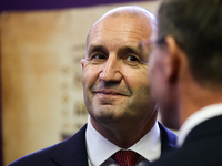 President Of Bulgaria Rumen Radev attends the opening of the exhibition at Jagiellonian Library in Krakow, Poland on October 10, 2024. (