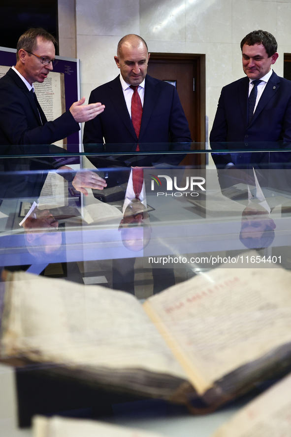 President Of Bulgaria Rumen Radev and Jagiellonian University Rector Piotr Jedynak attend the opening of the exhibition at Jagiellonian Libr...