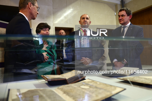 President Of Bulgaria Rumen Radev and Jagiellonian University Rector Piotr Jedynak attend the opening of the exhibition at Jagiellonian Libr...