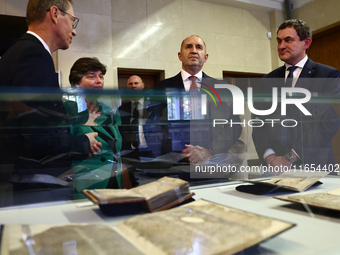 President Of Bulgaria Rumen Radev and Jagiellonian University Rector Piotr Jedynak attend the opening of the exhibition at Jagiellonian Libr...