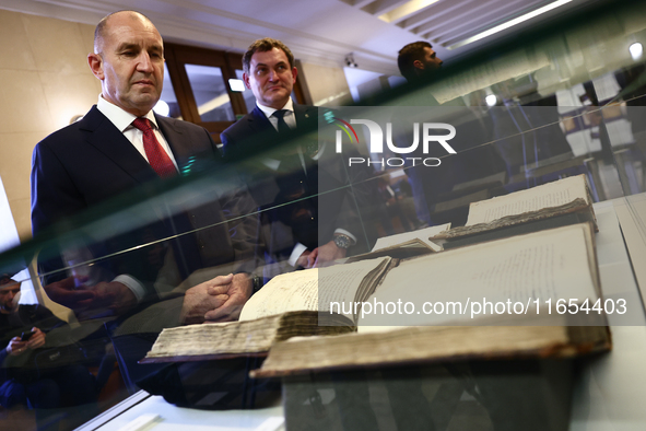 President Of Bulgaria Rumen Radev attends the opening of the exhibition at Jagiellonian Library in Krakow, Poland on October 10, 2024. 