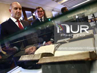 President Of Bulgaria Rumen Radev attends the opening of the exhibition at Jagiellonian Library in Krakow, Poland on October 10, 2024. (