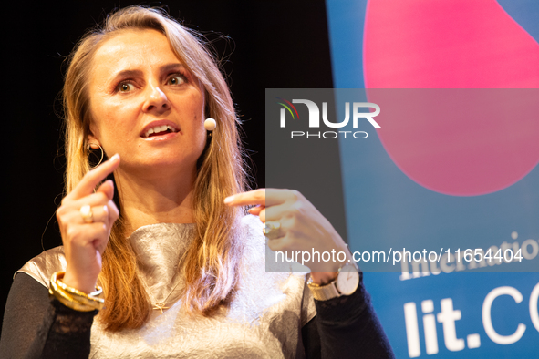 Jagoda Marinic, a German novelist, appears on the stage during the lit.cologne 2024 special edition, the international literature festival i...