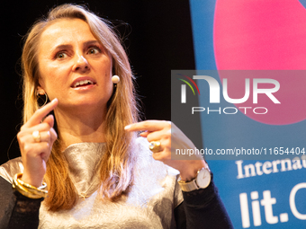 Jagoda Marinic, a German novelist, appears on the stage during the lit.cologne 2024 special edition, the international literature festival i...