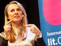 Jagoda Marinic, a German novelist, appears on the stage during the lit.cologne 2024 special edition, the international literature festival i...