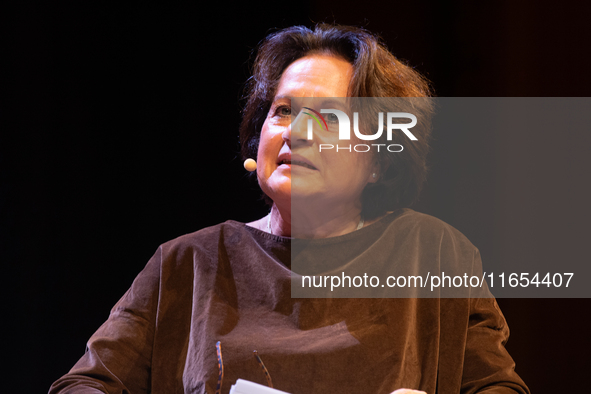 Ferdos Forudastan, a German journalist, is on the stage during the lit.cologne 2024 special edition, the international literature festival i...