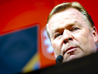 Netherlands trainer Ronald Koeman speaks during the press conference at the Puskas Arena for the UEFA Nations League season 2024-2025 in Bud...