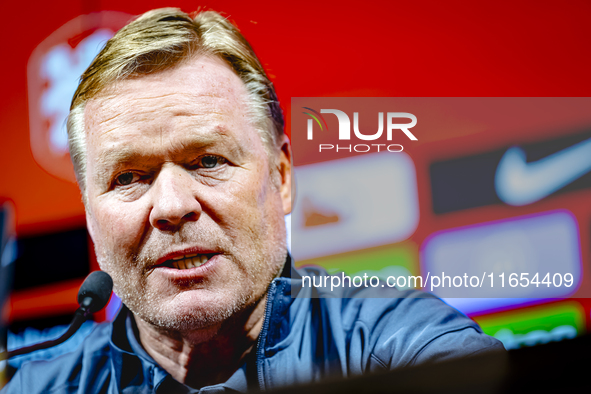 Netherlands trainer Ronald Koeman speaks during the press conference at the Puskas Arena for the UEFA Nations League season 2024-2025 in Bud...