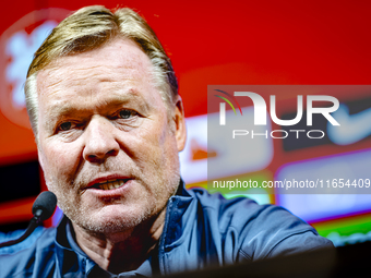 Netherlands trainer Ronald Koeman speaks during the press conference at the Puskas Arena for the UEFA Nations League season 2024-2025 in Bud...