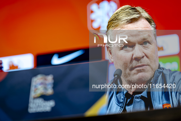 Netherlands trainer Ronald Koeman speaks during the press conference at the Puskas Arena for the UEFA Nations League season 2024-2025 in Bud...