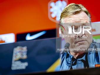 Netherlands trainer Ronald Koeman speaks during the press conference at the Puskas Arena for the UEFA Nations League season 2024-2025 in Bud...